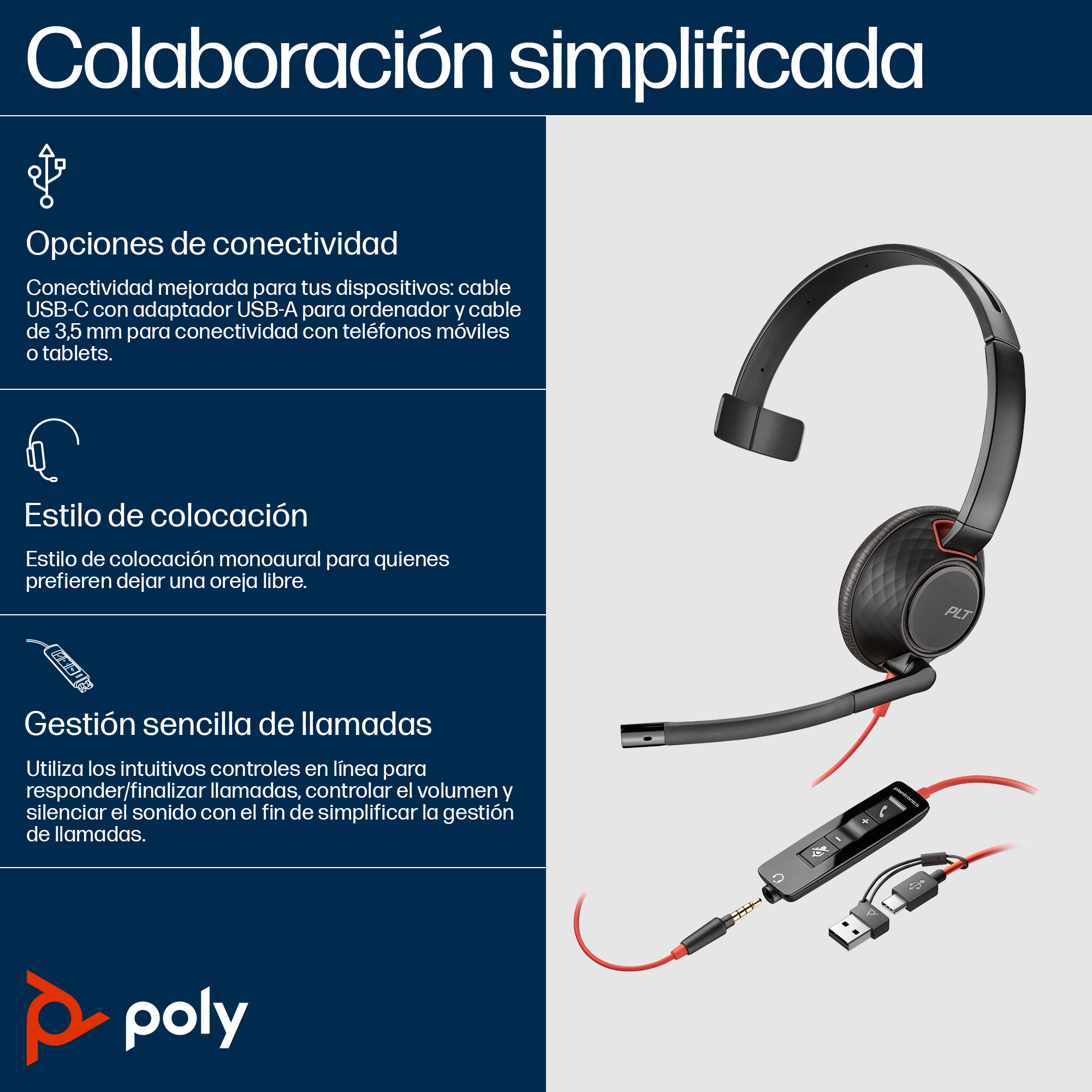 Auriculares Poly Blackwire 5210 Diadema USB-C USB-A Jack 3,5 mm Negro