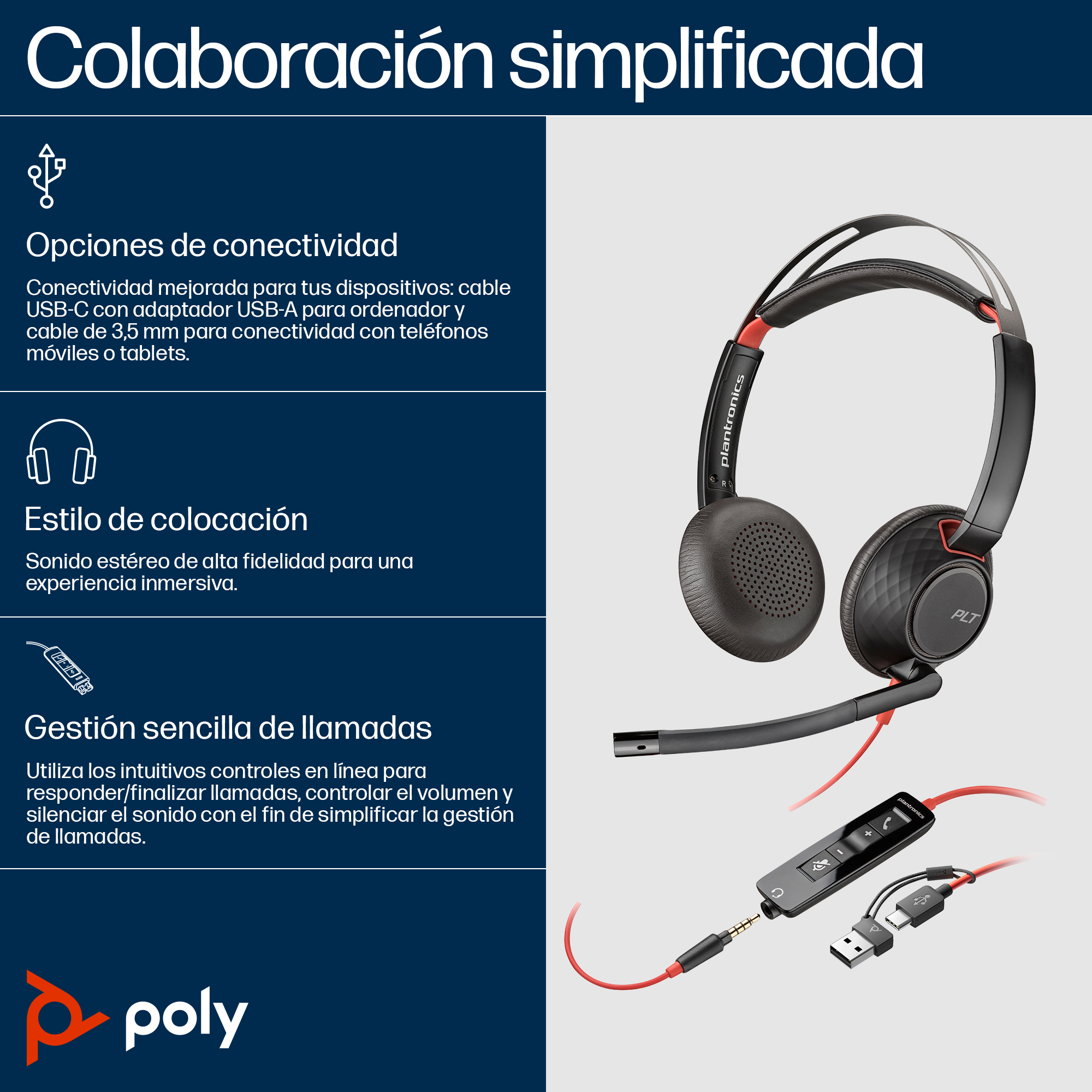 Auriculares Poly Blackwire 5220 Diadema USB-C Jack 3,5 mm Negro