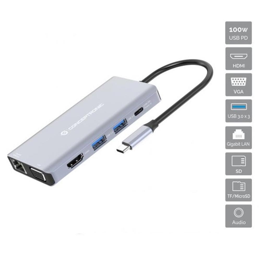 Docking station Conceptronic USB-C 10 en 1 HDMI VGA Ethernet Gris