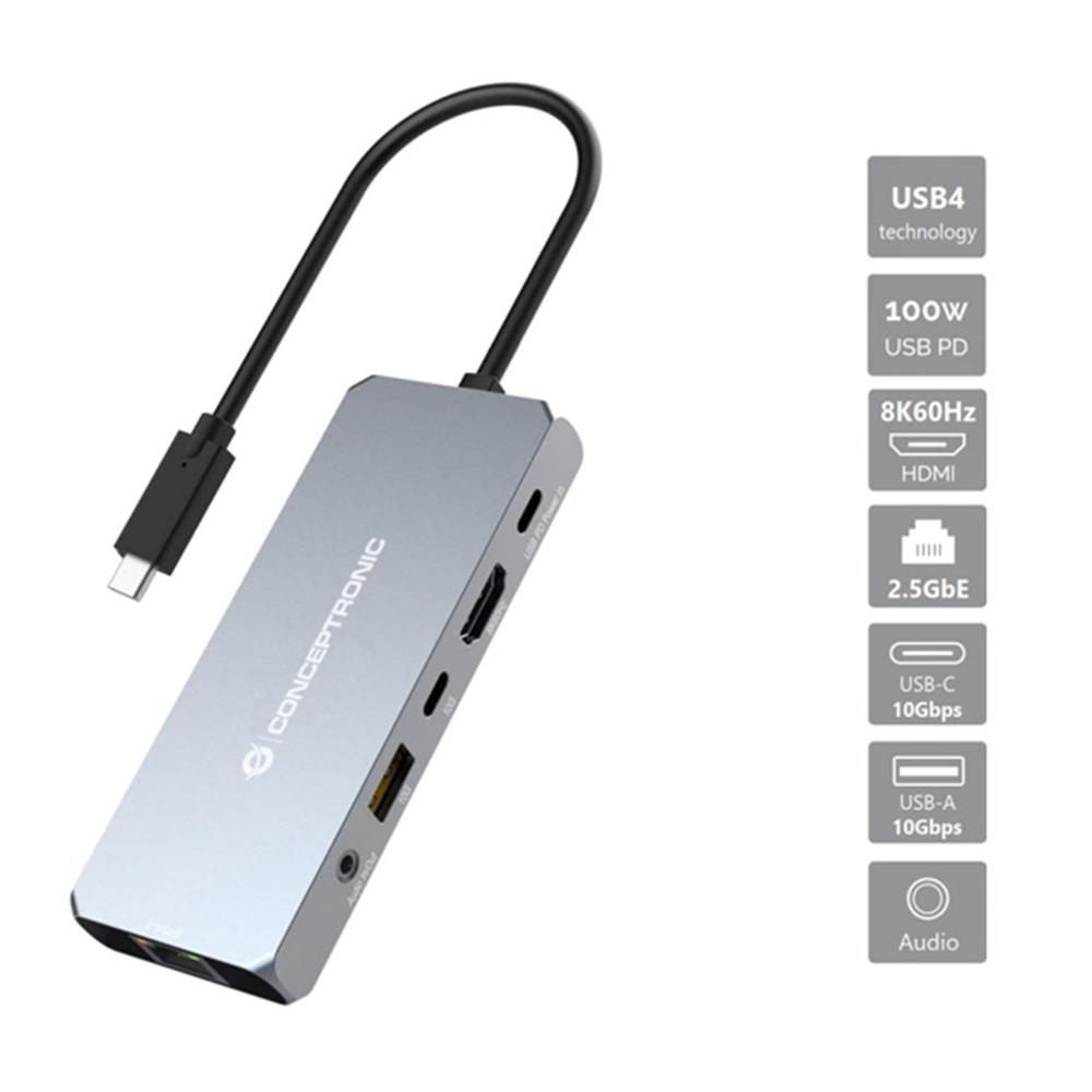 Hub USB-C Conceptronic 6 en 1 HDMI 2.5GbE USB-C PD 100W Gris