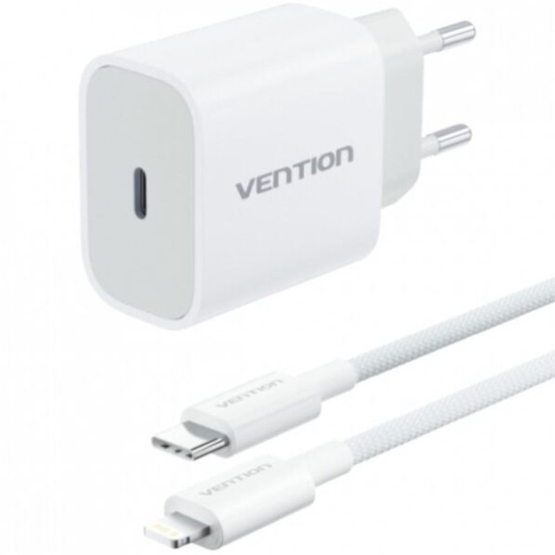 CARGADOR PARED 20W USB-C + CABLE USB-C A LIGHTNING BLANCO VENTION