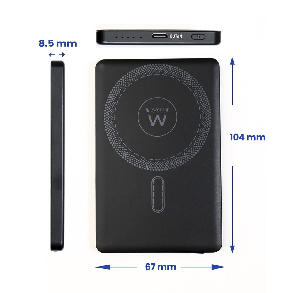 Batería externa Ewent EW1160 USB-C USB-A Inalámbrico Negro 23W