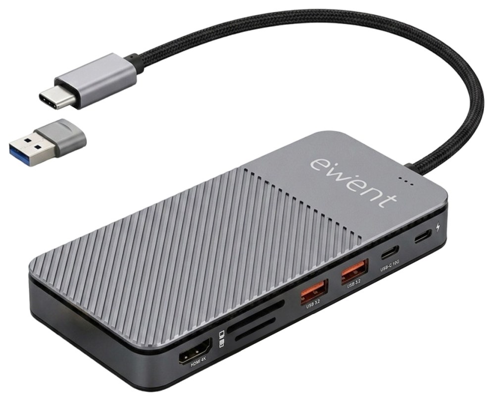 Hub USB-C Ewent EW1156 8 en 1 HDMI 4K Power Delivery 100W Lector SD SSD M.2 Aluminio