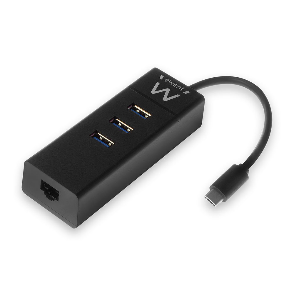 Hub USB Ewent 3 puertos USB 3.1 Gen1 Ethernet Gigabit Negro