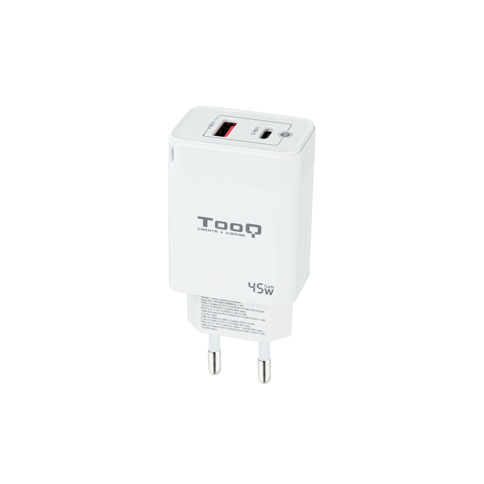 Cargador de pared Tooq TQWC-GANQCPD45WT USB-C USB-A Blanco