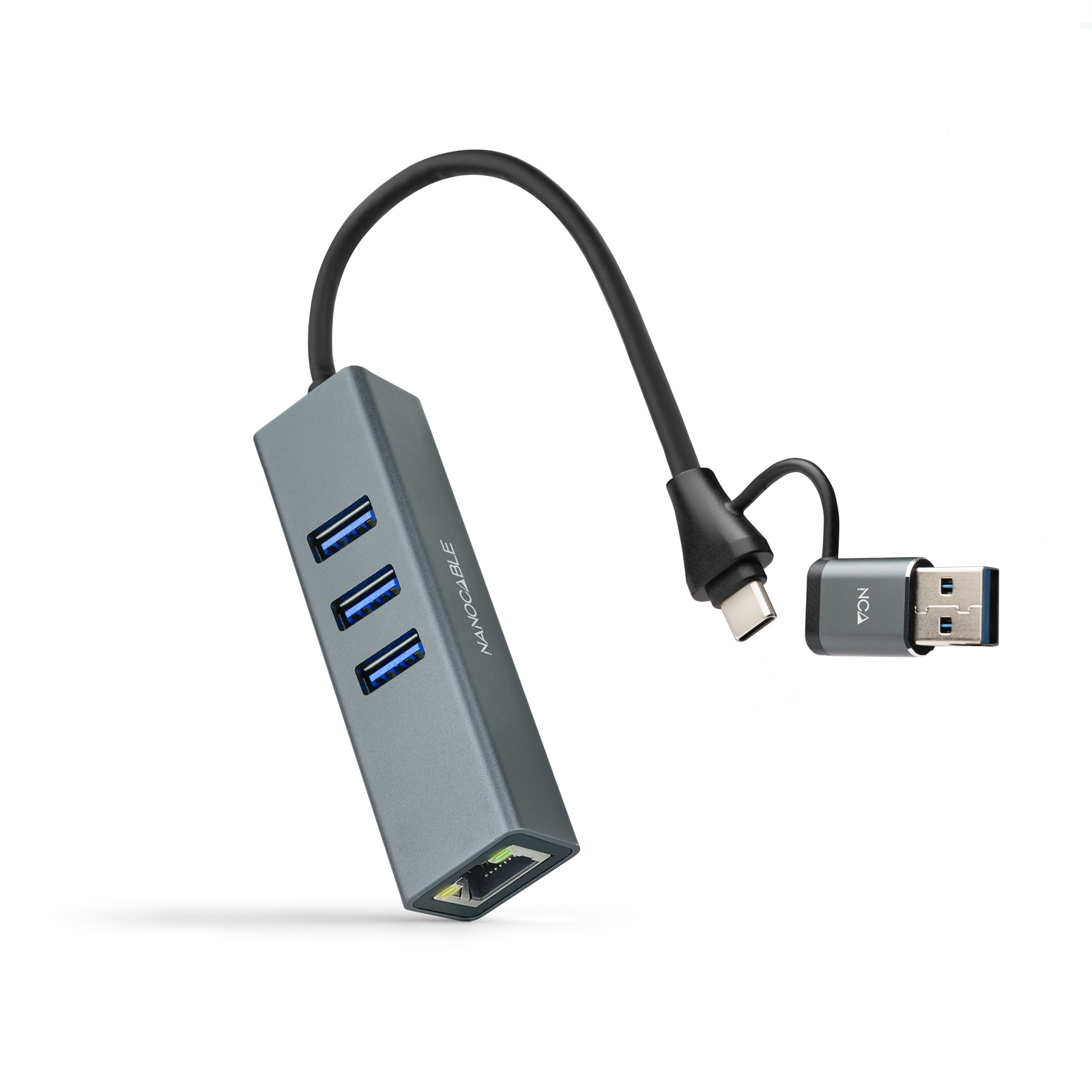 Hub USB Nanocable USB-C 3 puertos USB-A 3.0 Ethernet Gris