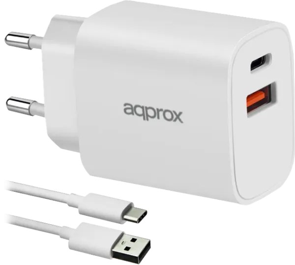 CARGADOR USB DE VIAJE/PARED 1xUSB/USB-C + CABLE USB-A A USB-C 20W BLANCO APPROX