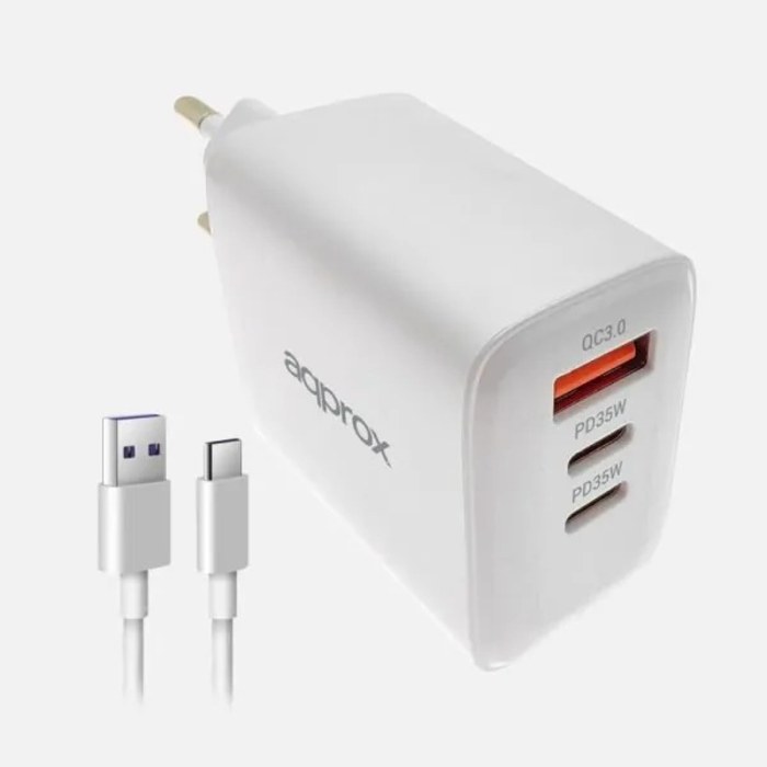 CARGADOR USB DE VIAJE/PARED USB/2xUSB-C + CABLE USB-A A USB-C 35W BLANCO APPROX