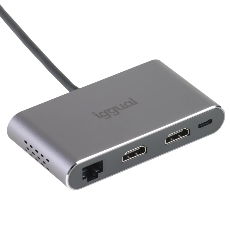 Hub USB iggual C 8 en 1 2xHDMI 2xUSB 2xSD RJ45 PD100W Gris