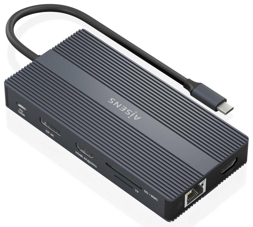 Hub USB AISENS ASUC-12P017-GR USB-C 2xHDMI DisplayPort 100W Gris