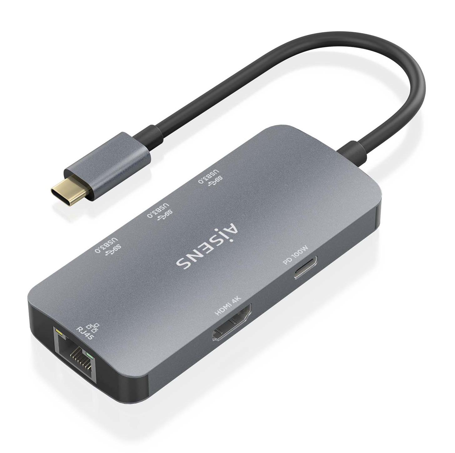 Hub USB-C AISENS 6 en 1 HDMI RJ45 3xUSB-A USB-C PD 100W Gris
