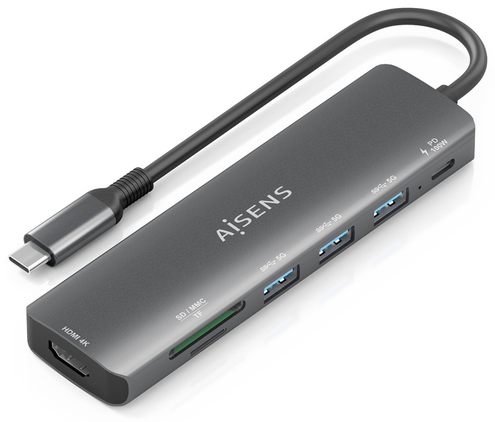 Hub USB-C AISENS ASUC-7P025-GR 7 en 1 HDMI 3xUSB-A USB-C PD 100W Lector SD Gris