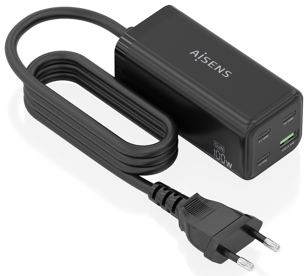 Estación de carga Aisens Cargador Sobremesa GaN 100W USB-C USB-A Negro
