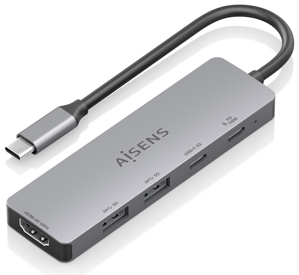 Hub USB-C AISENS 5 en 1 1xHDMI 2xUSB-A 1xUSB-C 100W PD Gris