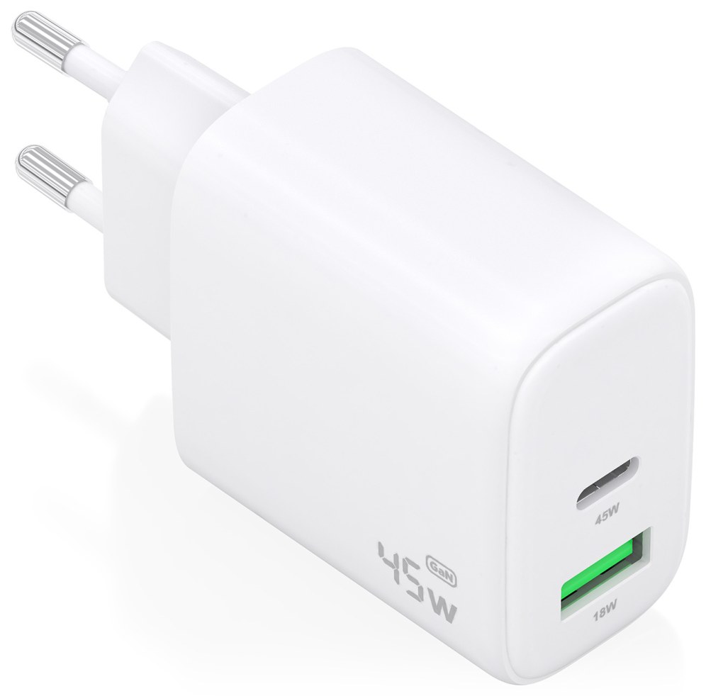 AISENS Cargador GaN 45W, 1xUSB-C PD3.0 QC4.0, 1xUSB-A QC3.0, Blanco