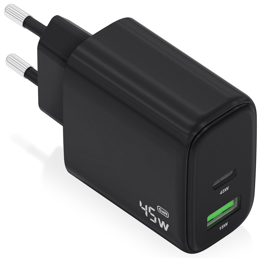 Cargador de pared Aisens Cargador GaN 45W 1xUSB-C PD3.0 QC4.0 1xUSB-A QC3.0 USB-C USB-A Negro
