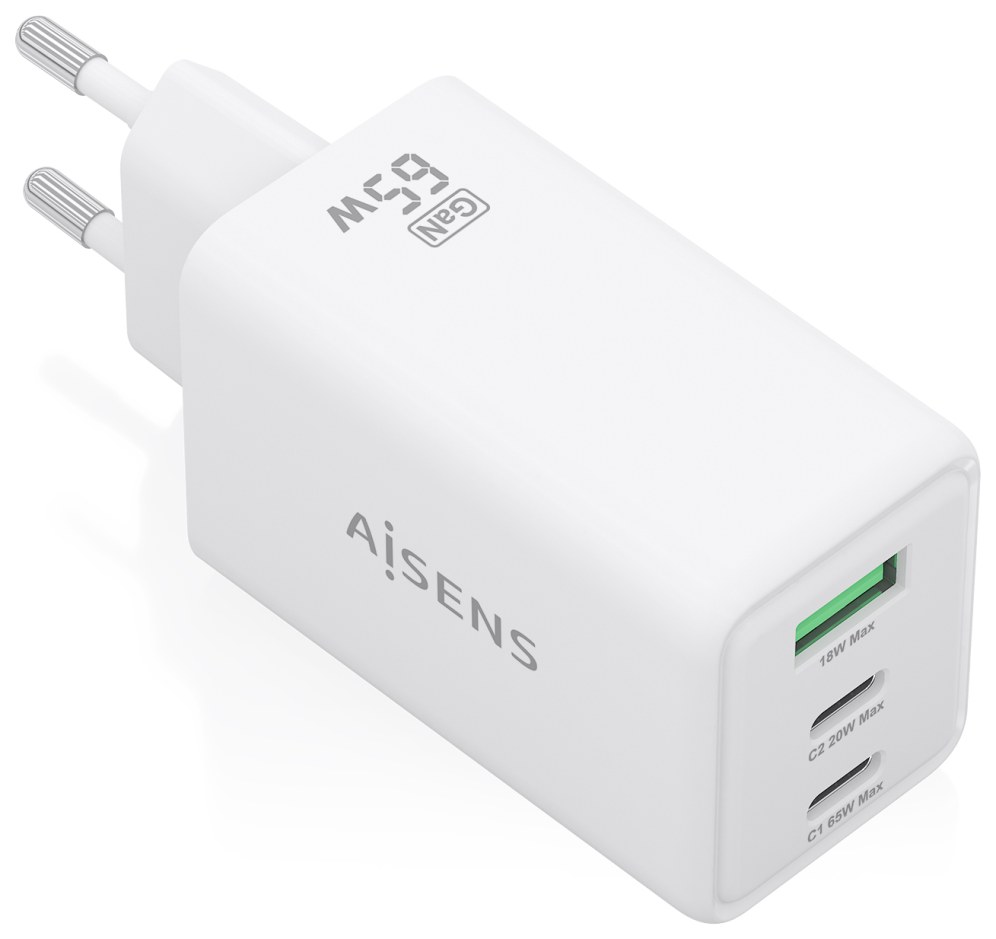 Cargador de pared Aisens Cargador GaN 65W 2xUSB-C PD3.0 QC4.0 1xUSB-A QC3.0 USB-C USB-A Blanco
