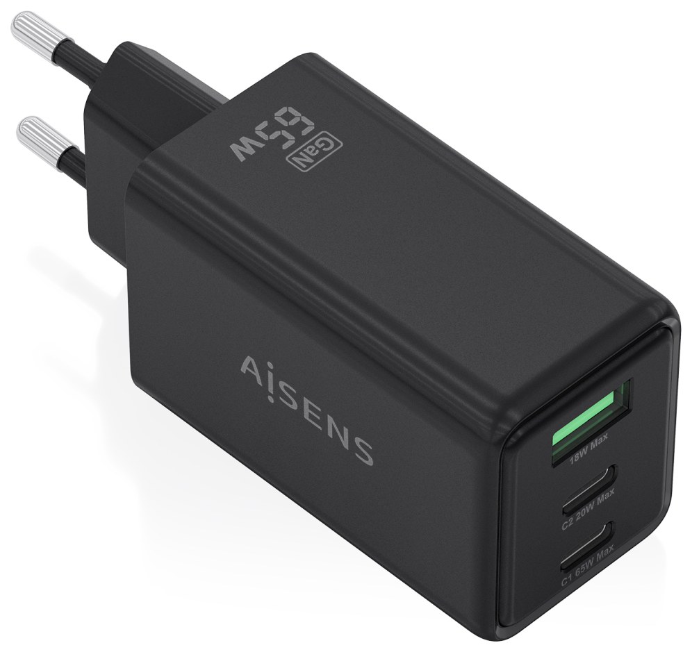 AISENS Cargador GaN 65W, 2xUSB-C PD3.0 QC4.0, 1xUSB-A QC3.0, Negro
