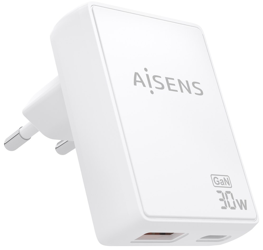 AISENS Cargador De Pared GaN Ultra Delgado 30W, 1xUSB-C PD3.0 QC4.0, 1xUSB-A QC3