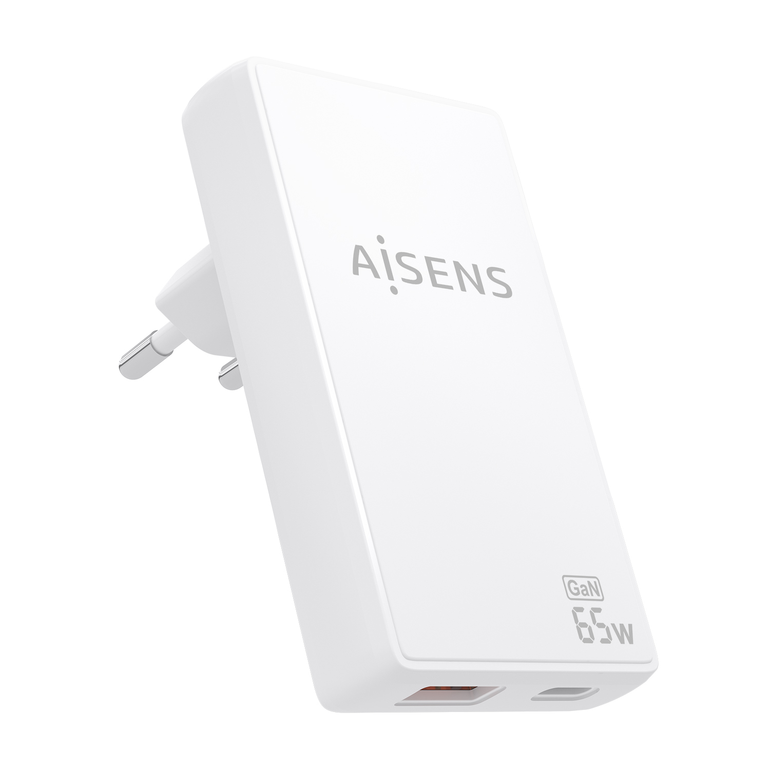 AISENS Cargador De Pared GaN Ultra Delgado 65W, 1xUSB-C PD3.0 QC4.0, 1xUSB-A QC3
