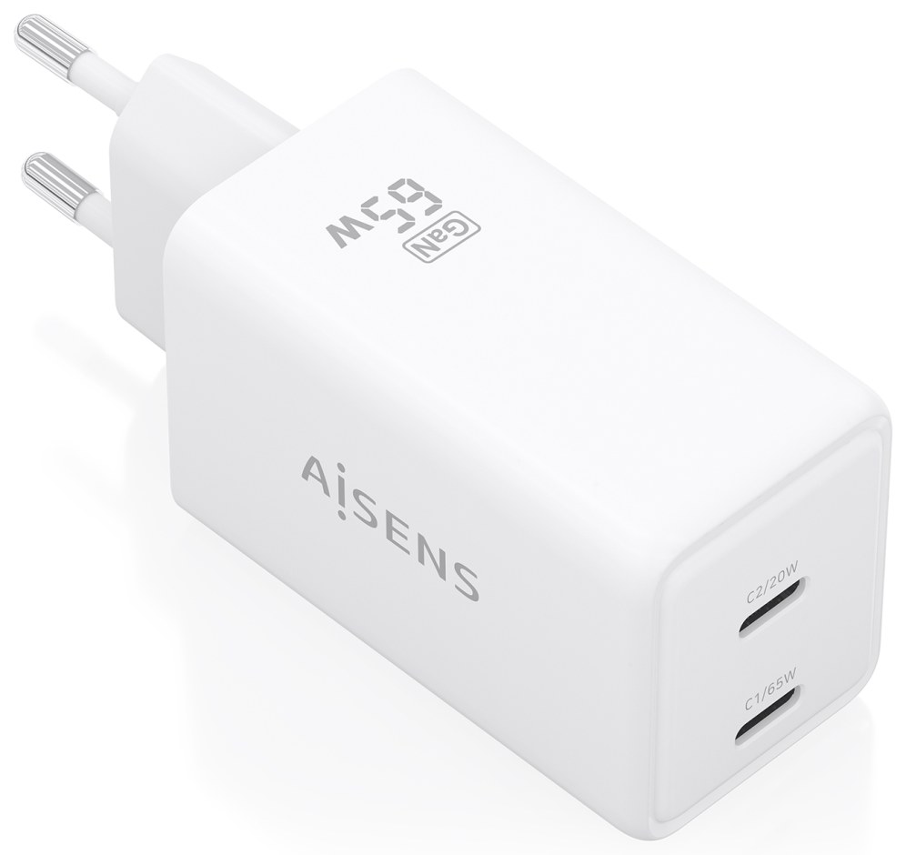 AISENS Cargador GaN 65W, 2xUSB-C PD3.0 QC4.0, Blanco