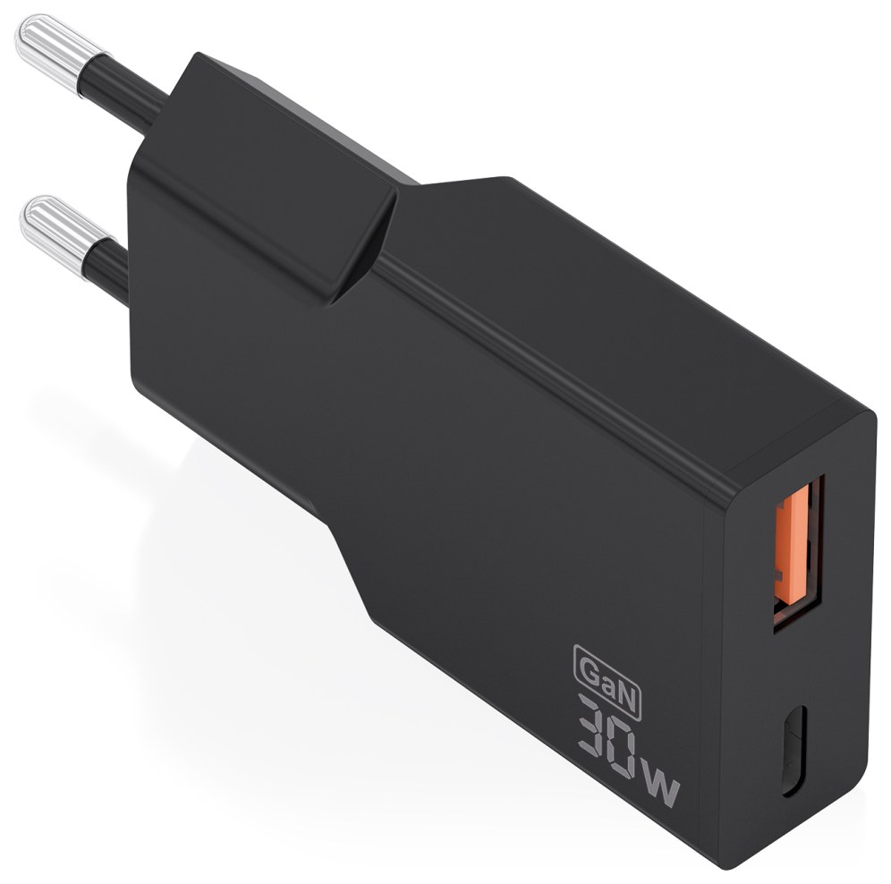 Cargador de pared Aisens Cargador Ultra Delgado GaN 30W USB-C USB-A Negro
