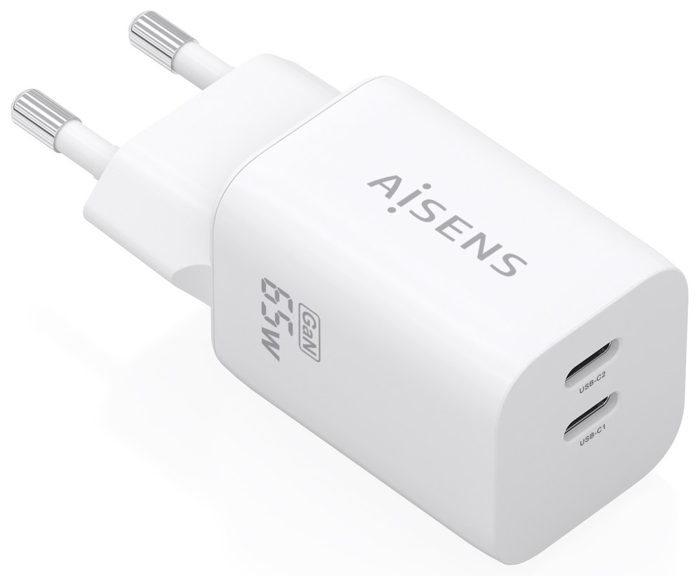 AISENS Cargador GaN 65W, 2xUSB-C PD3.0 QC4.0, Blanco