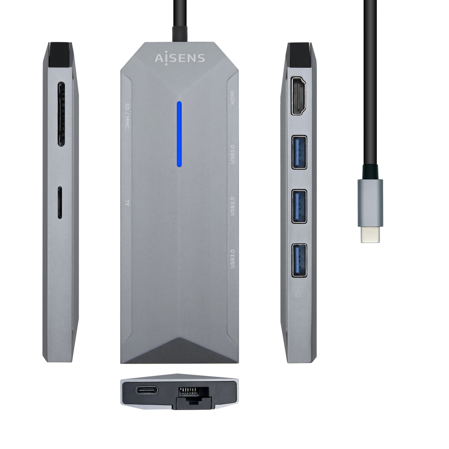 Hub USB-C AISENS 8 en 1 HDMI RJ45 3xUSB PD 100W SD Gris