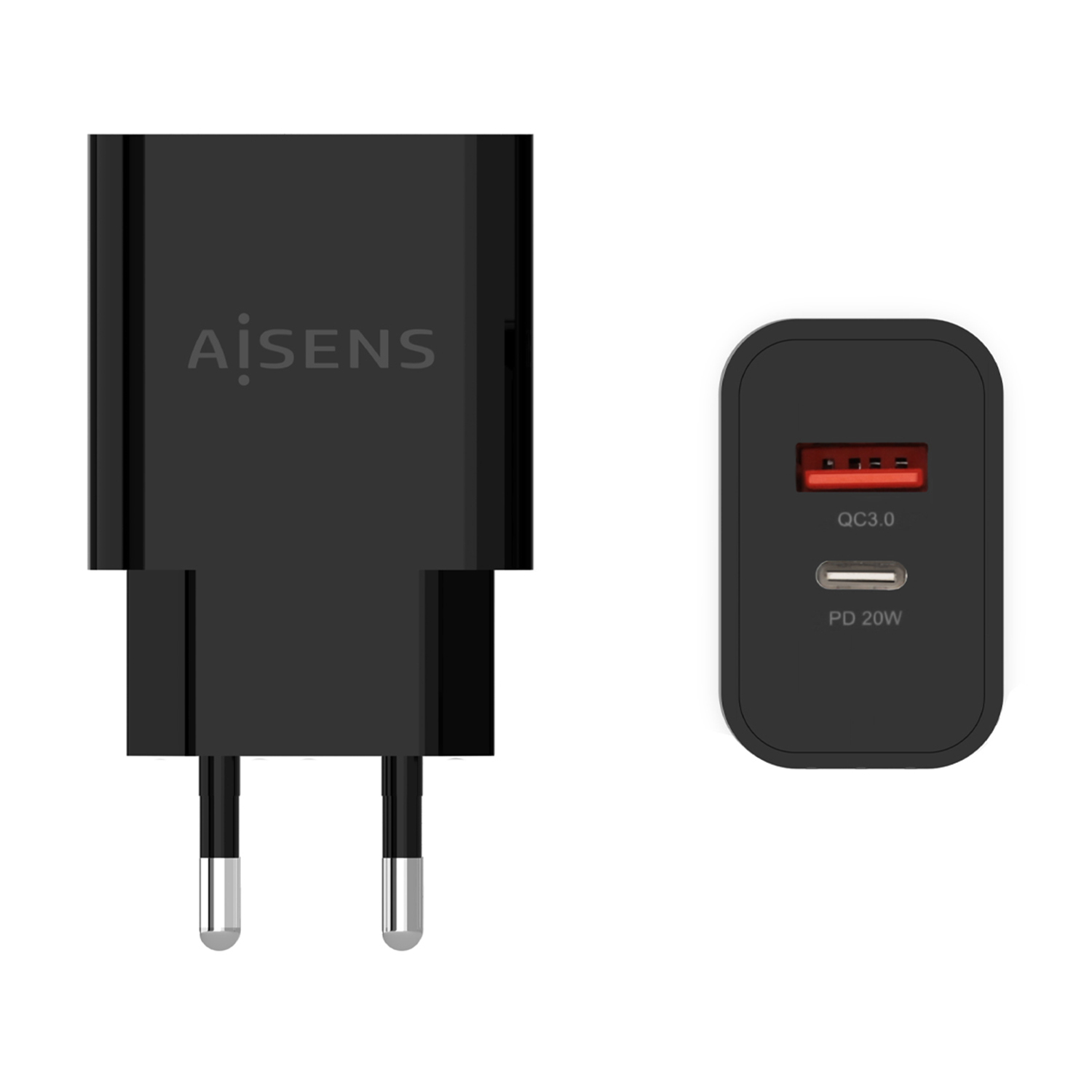 Cargador de pared Aisens Cargador 20W USB-C USB-A Negro