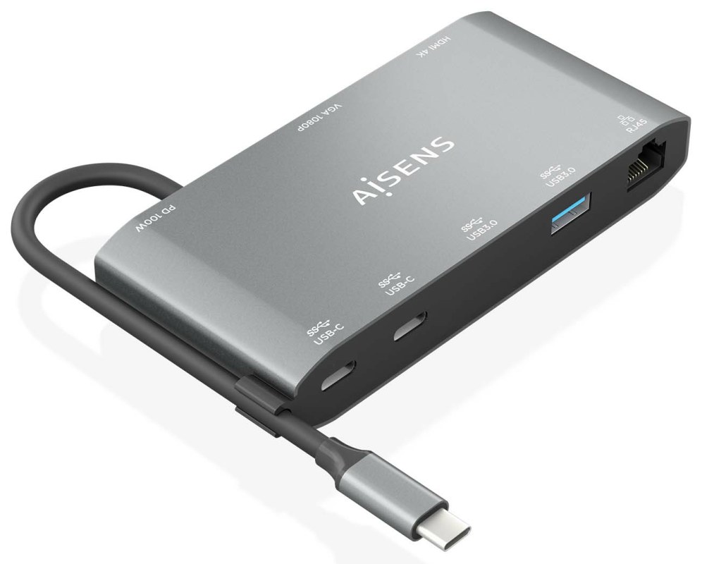 Hub USB-C AISENS 8 en 1 HDMI VGA RJ45 USB-A USB-C PD 100W Gris
