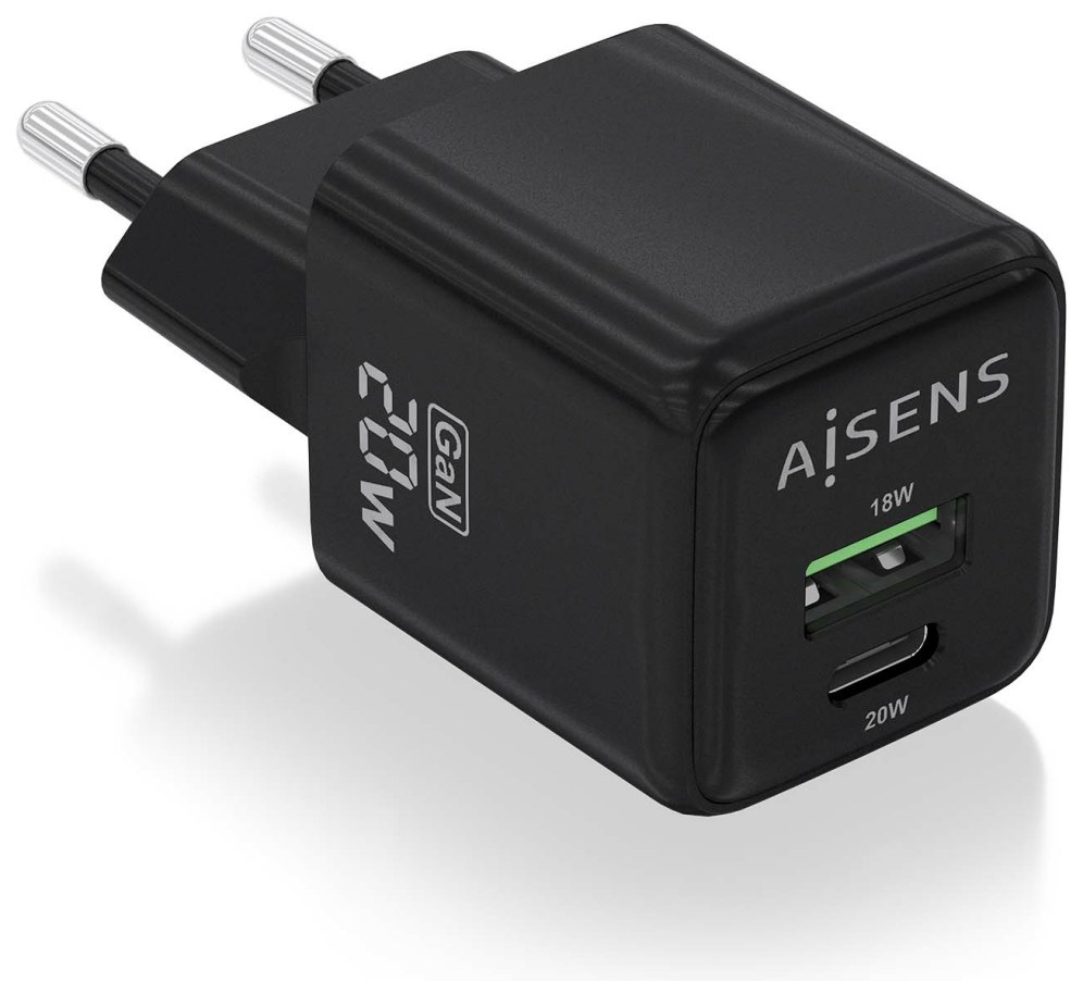 Cargador de pared Aisens ASCH-20W2P011-BK USB-C USB-A Negro 18W