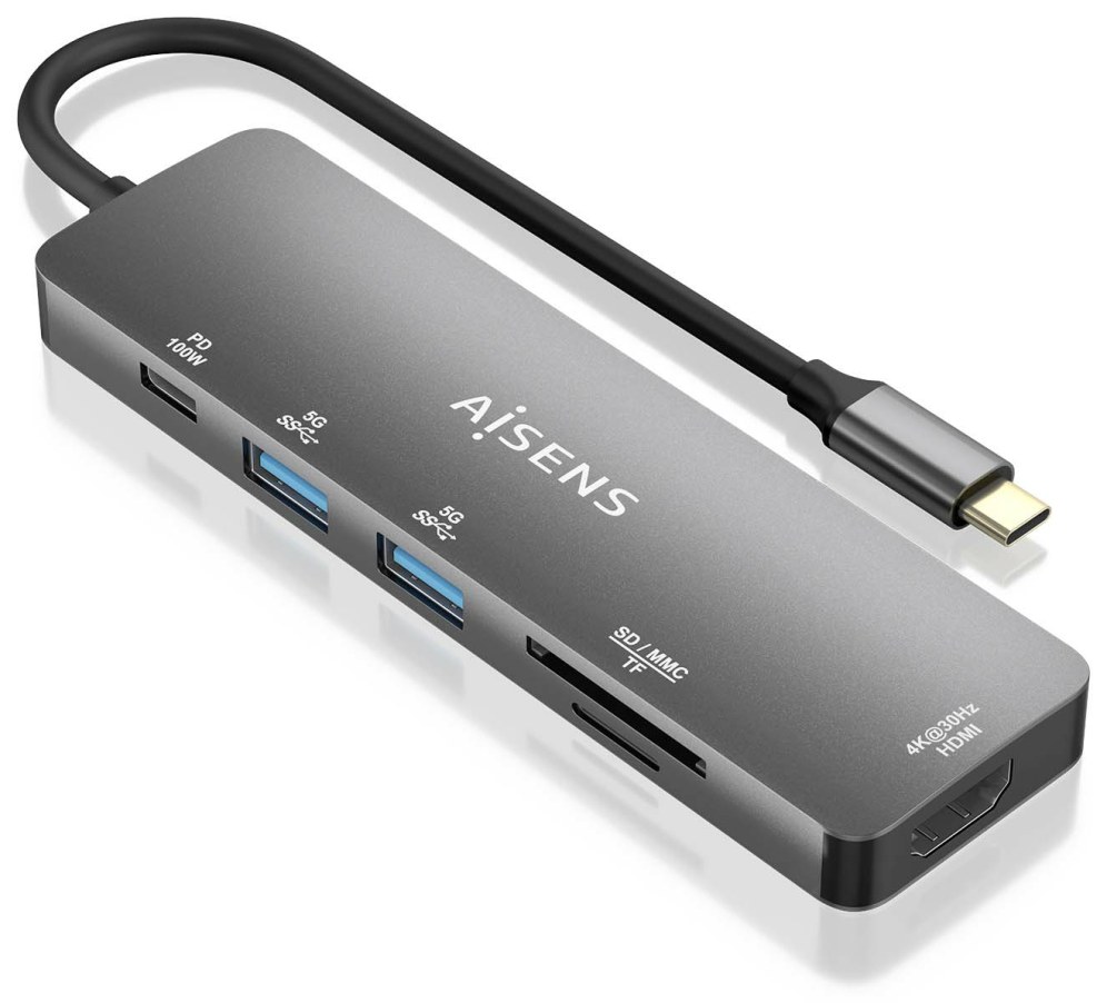 Hub USB-C Aisens 6 en 1 HDMI 2xUSB-A USB-C PD 100W Lector SD Gris