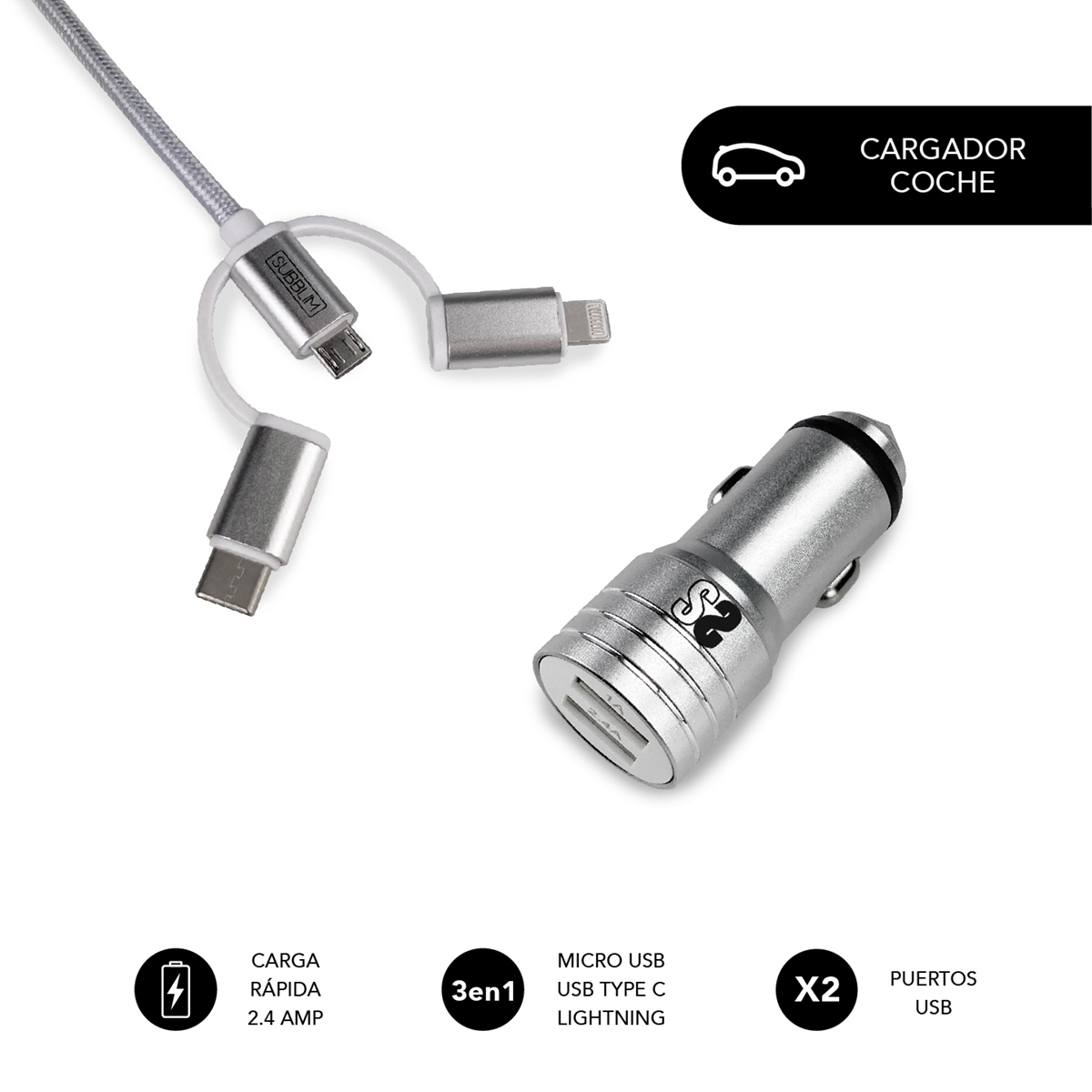 Cargador de coche Subblim Dual Car Charger USB-A Plata 12W
