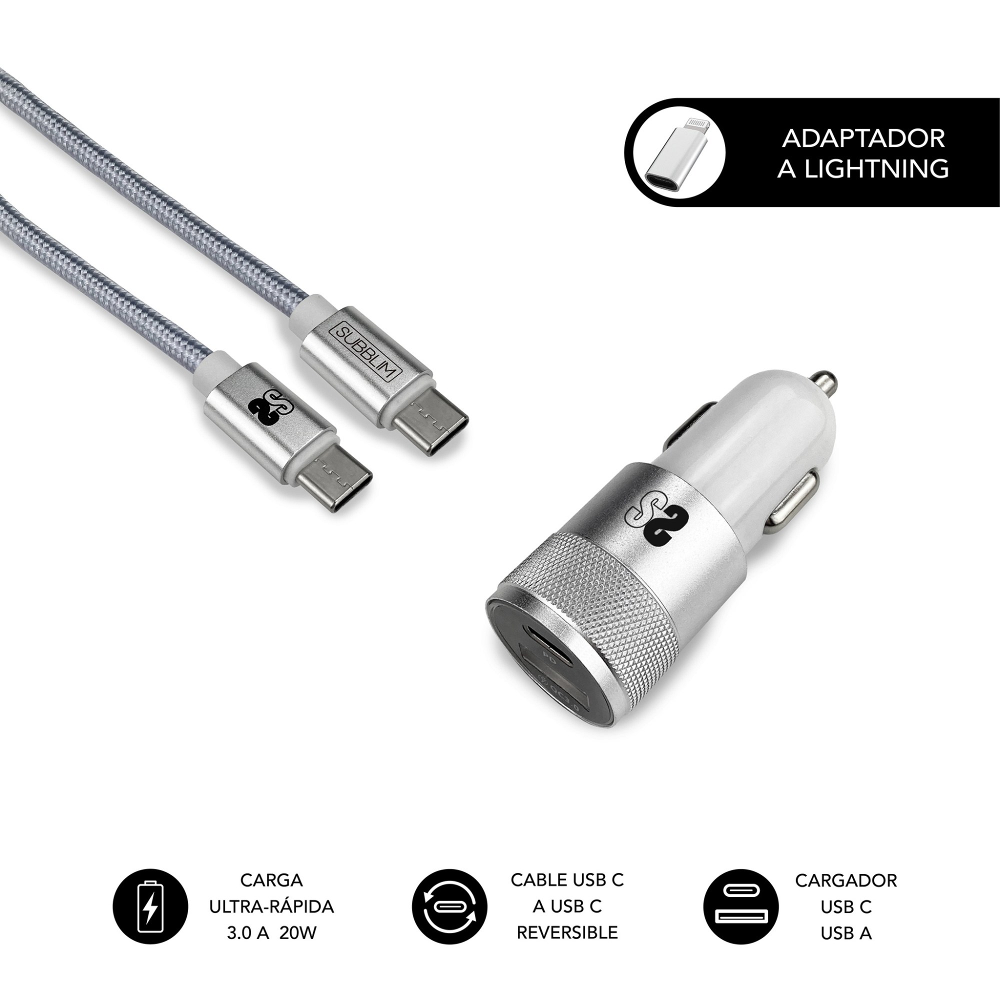 Cargador de coche Subblim DUAL CAR CHARGER PD20W+QC3.0+C TO C/LIGHTNING S USB-C USB-A Blanco