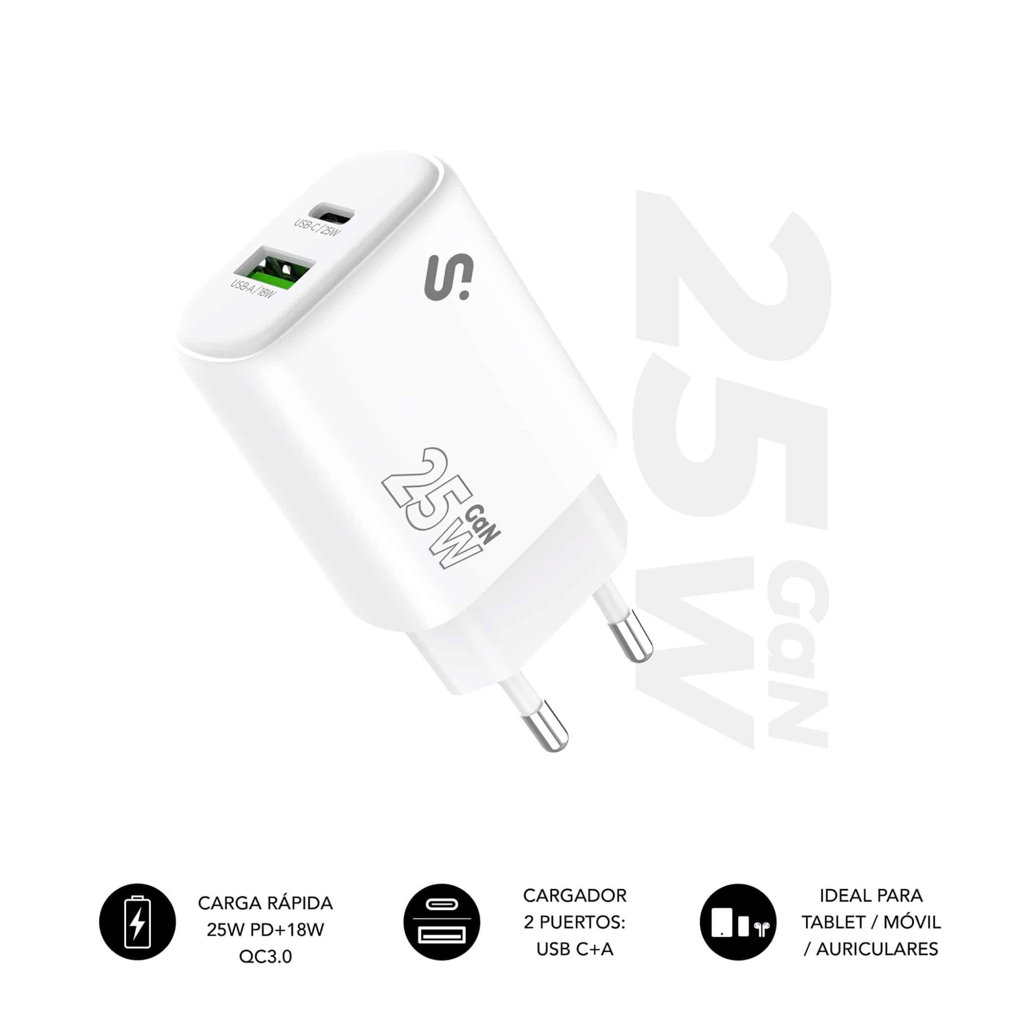 SUBBLIM Cargador GaN 25 W USB-C PD 3.0 + PPS & USB-A QC 3.0, Doble Puerto Rápido