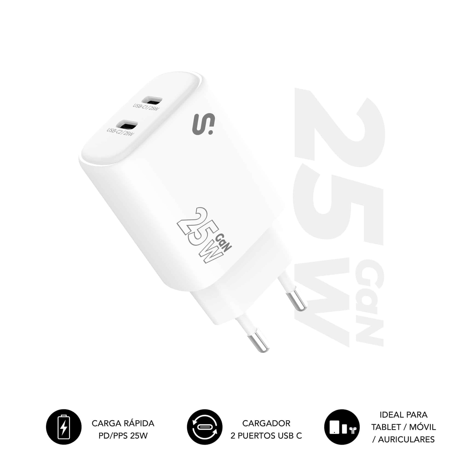CARGADOR PARED/VIAJE 2x USB-C GaN 25W PD BLANCO SUBBLIM
