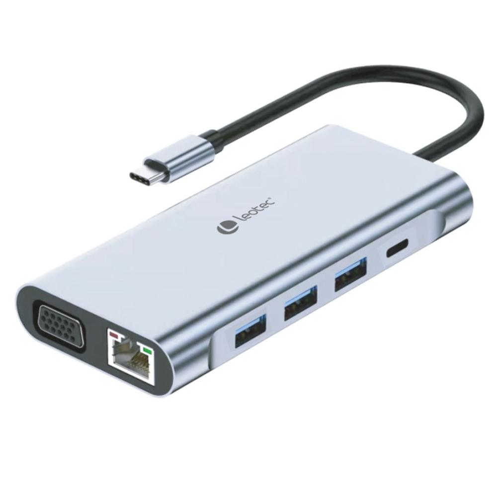 Hub USB Leotec LEDS01 11 en 1 USB-C HDMI VGA Ethernet Gris