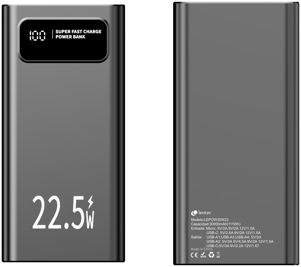 Batería externa Leotec LEPOW30W22K USB-C USB-A Negro 18W