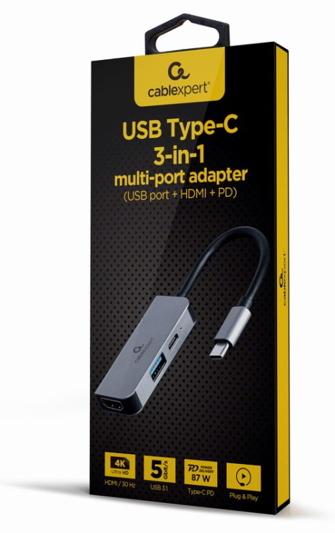 Hub USB Gembird A-CM-COMBO3-02 USB-C 3 puertos HDMI 4K 87W Power Delivery Plata