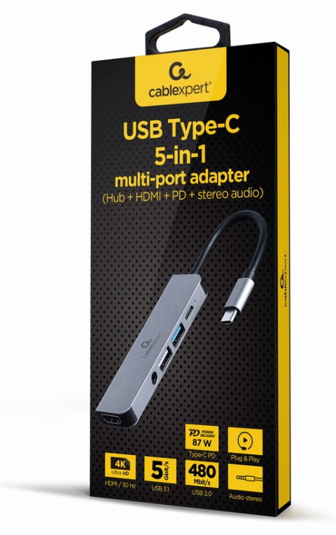 Hub USB Gembird A-CM-COMBO5-02 USB-C 5 en 1 HDMI 4K Ethernet Plata