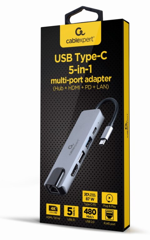 Hub USB Gembird A-CM-COMBO5-04 USB-C HDMI Ethernet 87W Plata