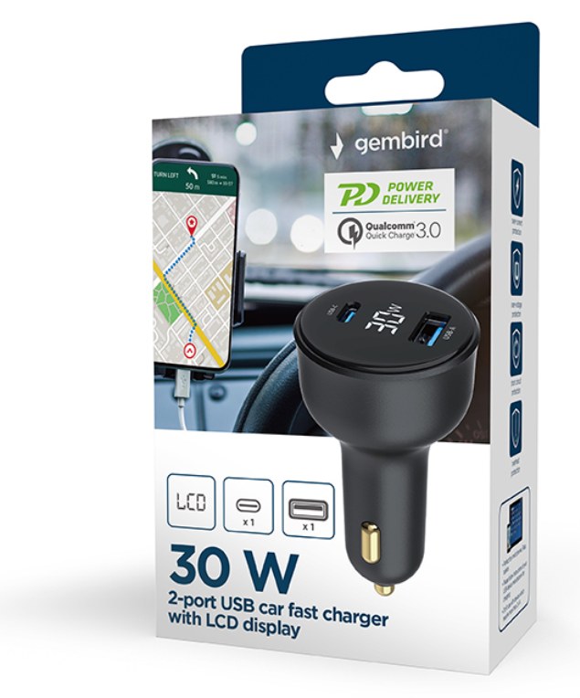 Cargador de coche Gembird TA-UC-AC2PD30LCD-CAR-01 USB-C USB-A Negro 30W