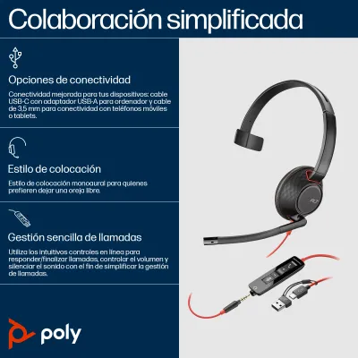 Auriculares Poly Blackwire 5210 Diadema USB-C USB-A Jack 3,5 mm Negro