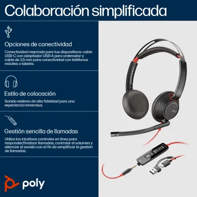 Auriculares Poly Blackwire 5220 Diadema USB-C Jack 3,5 mm Negro