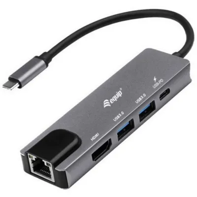 Hub USB-C Equip 133489 5 en 1 HDMI Gigabit Ethernet 100W USB PD Gris