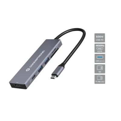 Hub USB-C Conceptronic 6 en 1 HDMI USB 3.0 Lector SD 100W Gris