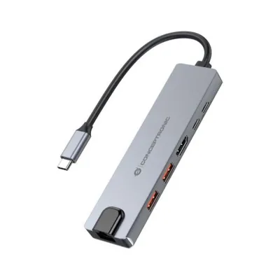 Hub USB Conceptronic DONN29G USB-C 140W 1 HDMI 2 USB-A Ethernet Gris