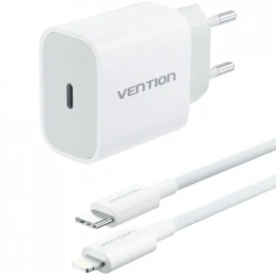 CARGADOR PARED 20W USB-C + CABLE USB-C A LIGHTNING BLANCO VENTION