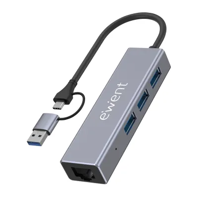 Hub USB Ewent EW1159 3 puertos USB 3.1 Ethernet Gigabit Gris