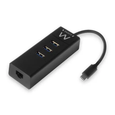 Hub USB Ewent 3 puertos USB 3.1 Gen1 Ethernet Gigabit Negro